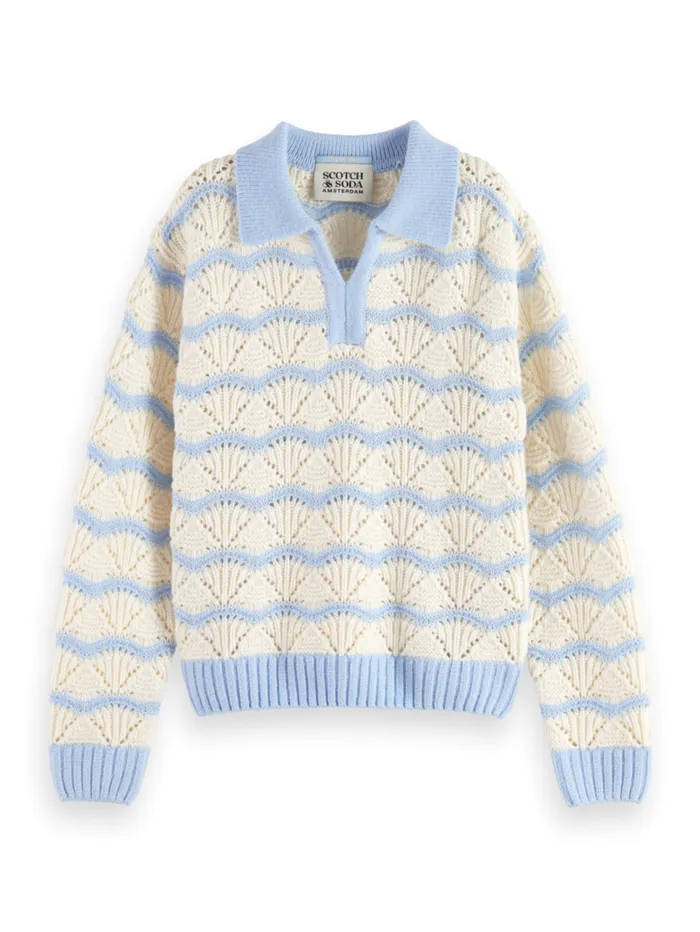 STRIPE BOXY PULLOVER WITH COLLAR Pacific Blue Kids Scotch and Soda Knitwear