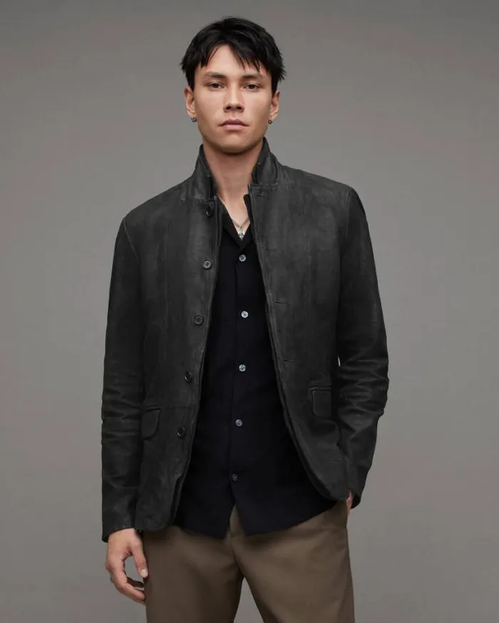 Survey Double Layered Leather Blazer Black Men AllSaints Jackets and Coats