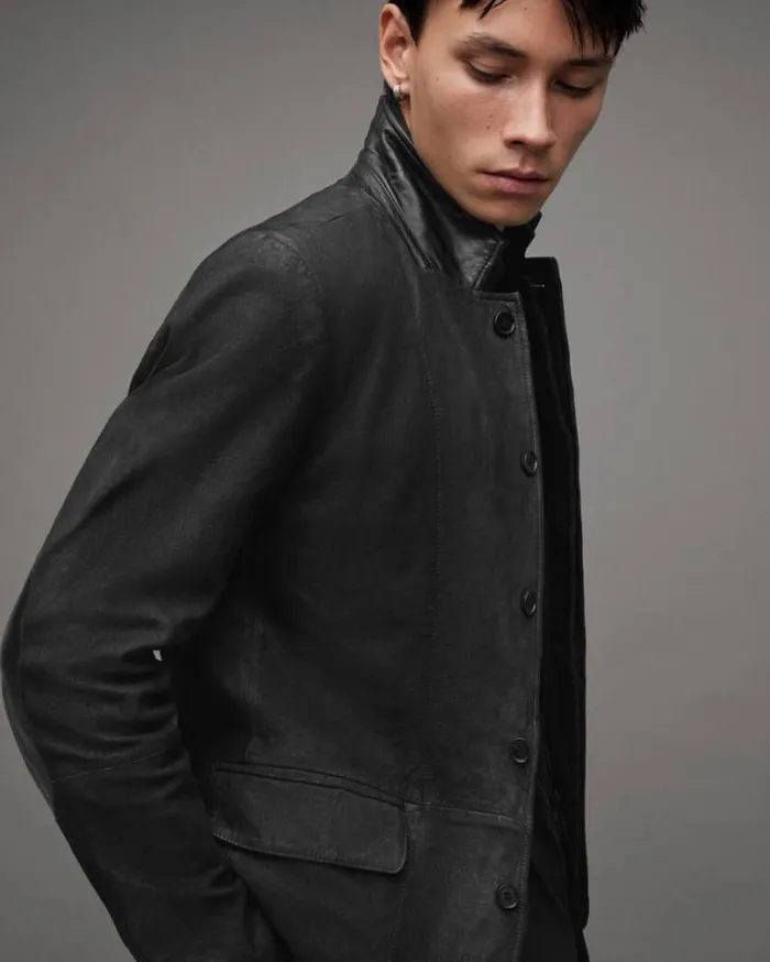 Survey Double Layered Leather Blazer Black Men AllSaints Jackets and Coats