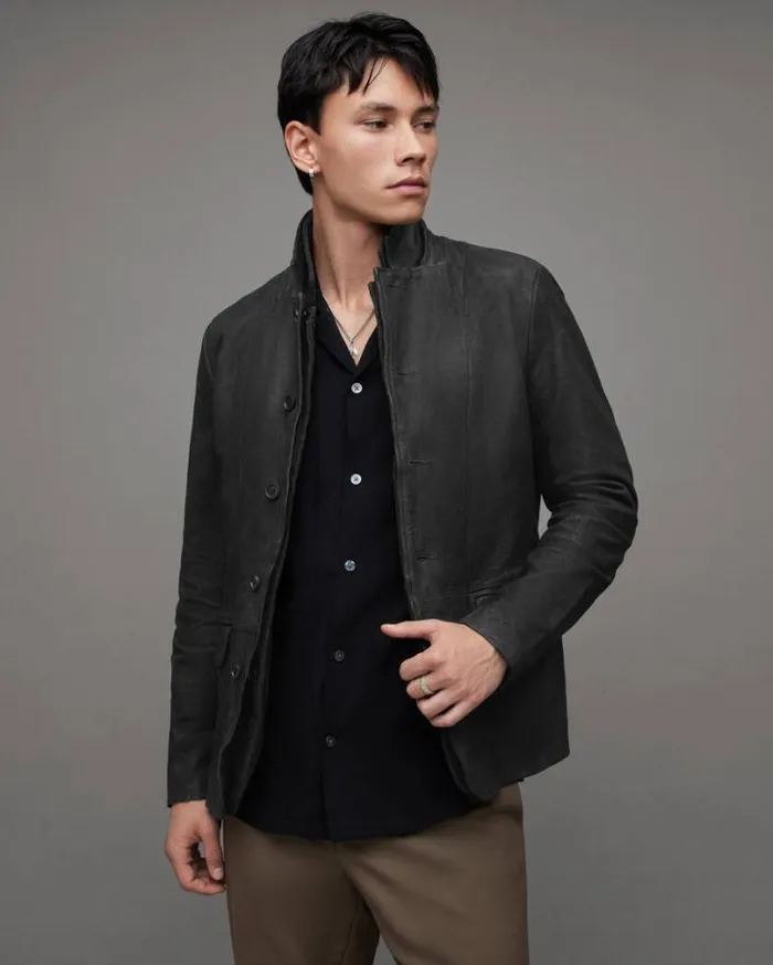 Survey Double Layered Leather Blazer Black Men AllSaints Jackets and Coats