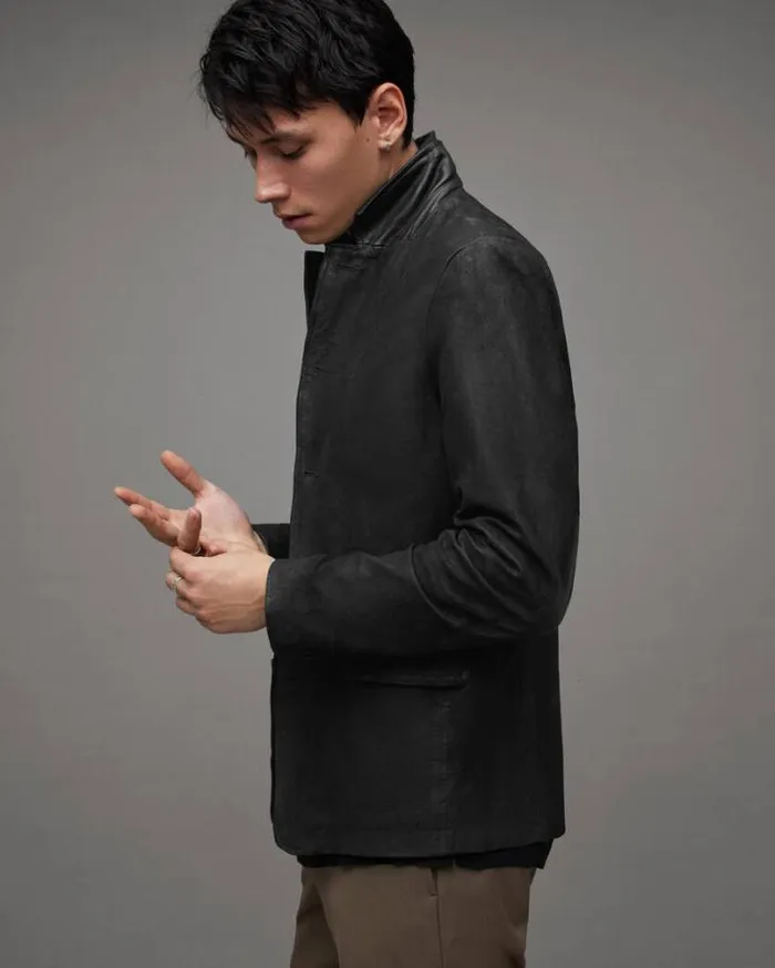 Survey Double Layered Leather Blazer Black Men AllSaints Jackets and Coats