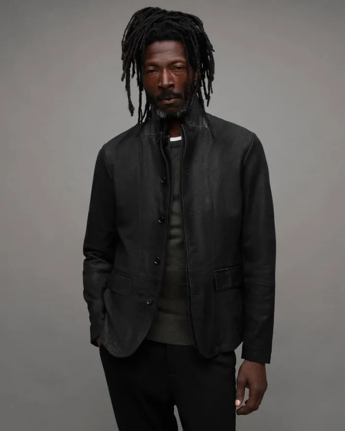 Survey Double Layered Leather Blazer Black Men AllSaints Jackets and Coats