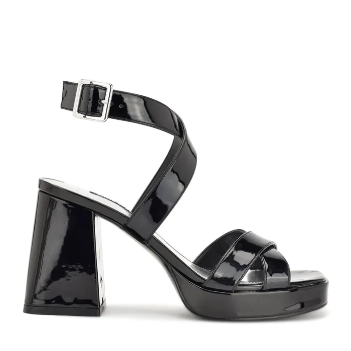 Tackle Ankle Strap Platform Sandals Black Patent Women Nine West Heeled
