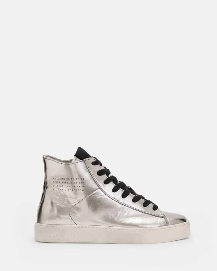 Tana Metallic Leather High Top Sneakers Silver Women AllSaints Shoes and Boots
