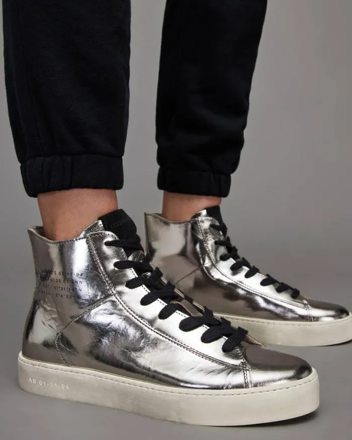 Tana Metallic Leather High Top Sneakers Silver Women AllSaints Shoes and Boots Tana Metallic Leather High Top Sneakers Silver Women AllSaints Shoes and Boots