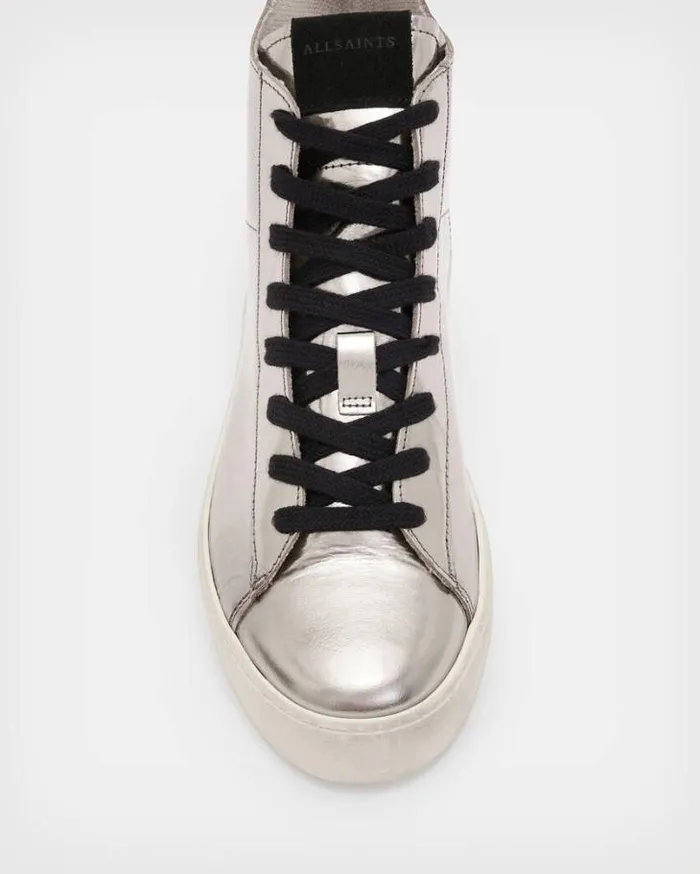 Tana Metallic Leather High Top Sneakers Silver Women AllSaints Shoes and Boots Tana Metallic Leather High Top Sneakers Silver Women AllSaints Shoes and Boots