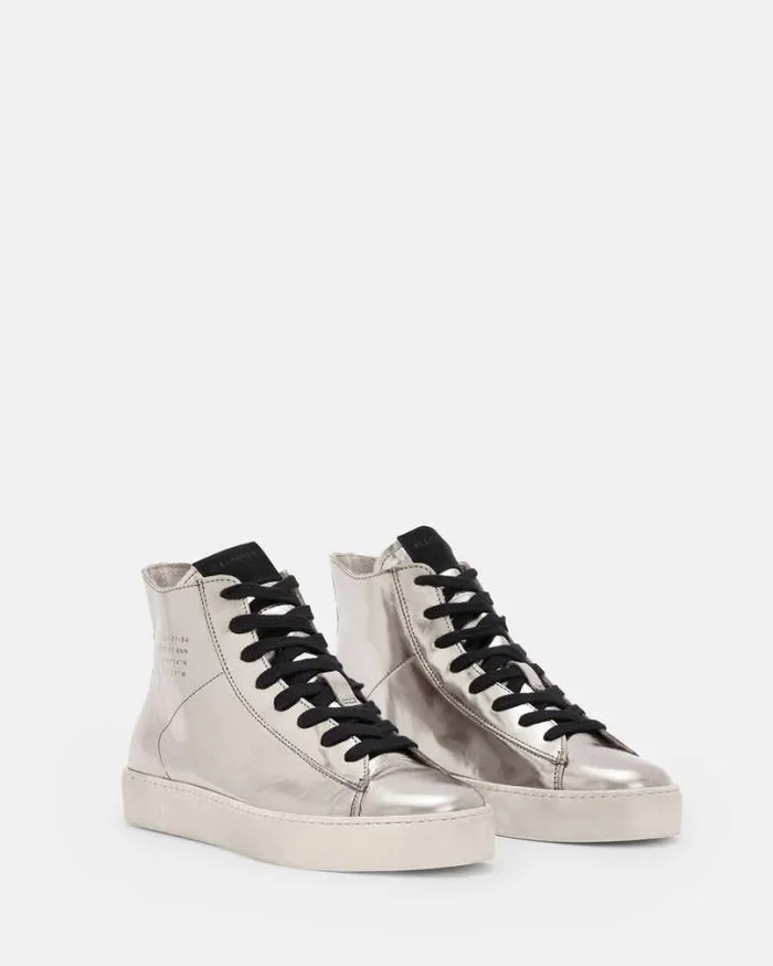 Tana Metallic Leather High Top Sneakers Silver Women AllSaints Shoes and Boots Tana Metallic Leather High Top Sneakers Silver Women AllSaints Shoes and Boots