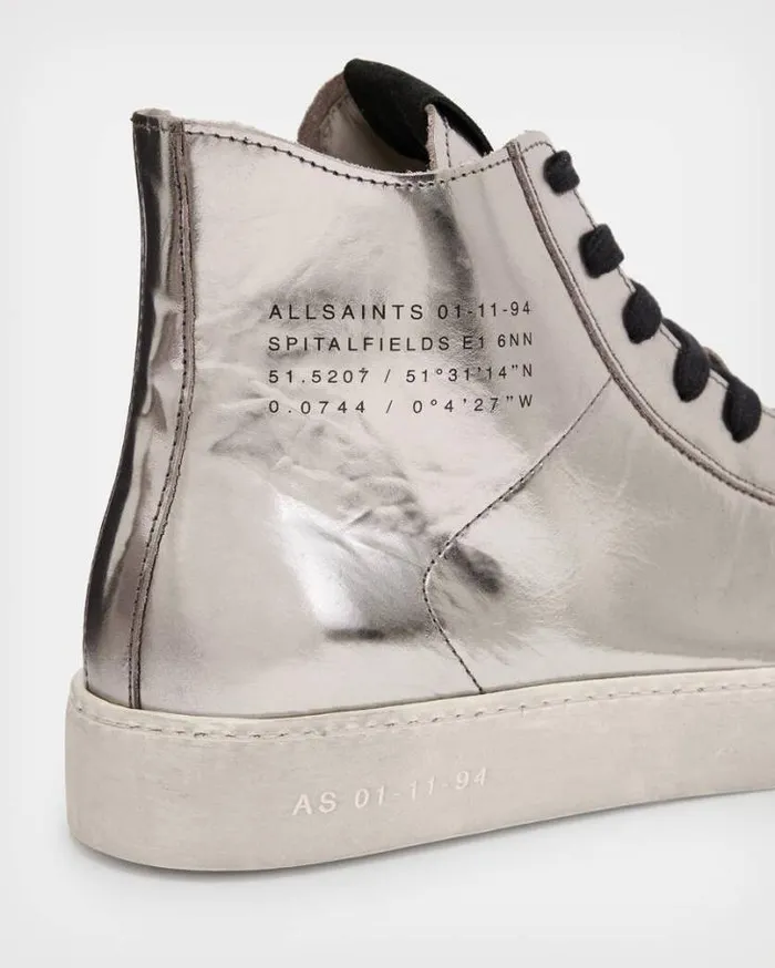 Tana Metallic Leather High Top Sneakers Silver Women AllSaints Shoes and Boots Tana Metallic Leather High Top Sneakers Silver Women AllSaints Shoes and Boots
