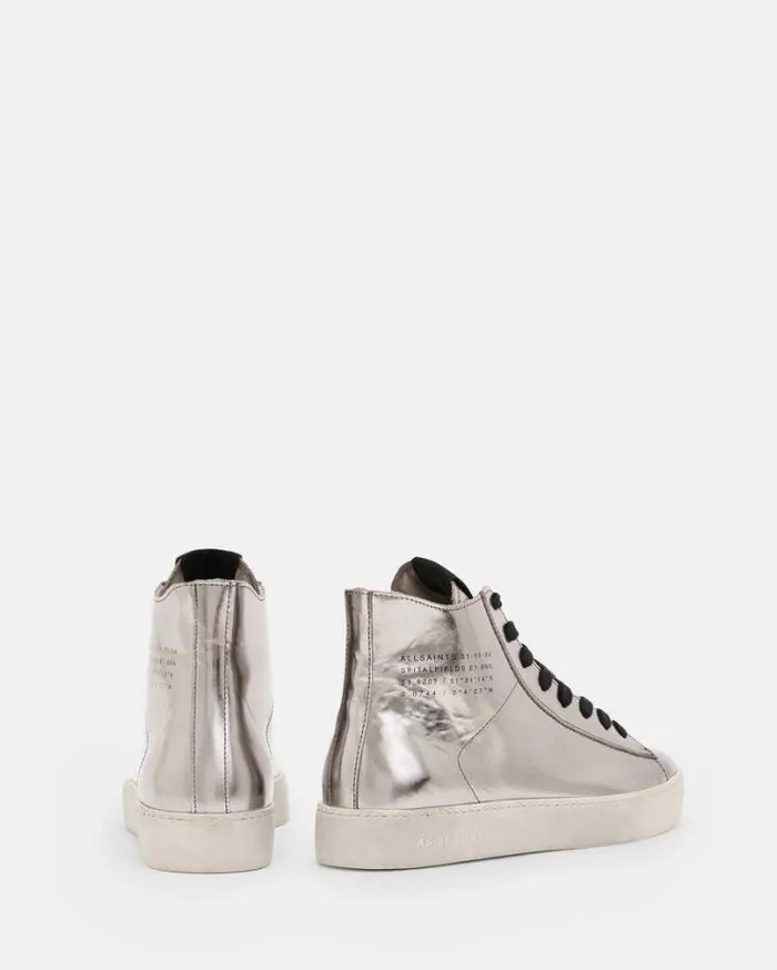 Tana Metallic Leather High Top Sneakers Silver Women AllSaints Shoes and Boots Tana Metallic Leather High Top Sneakers Silver Women AllSaints Shoes and Boots