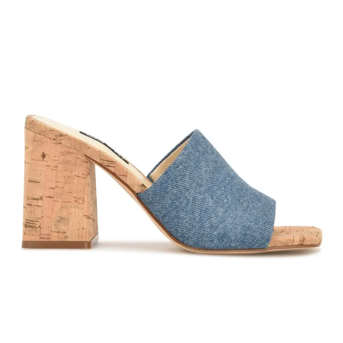 Teice Heeled Slide Sandals Blue Denim Women Nine West Dress