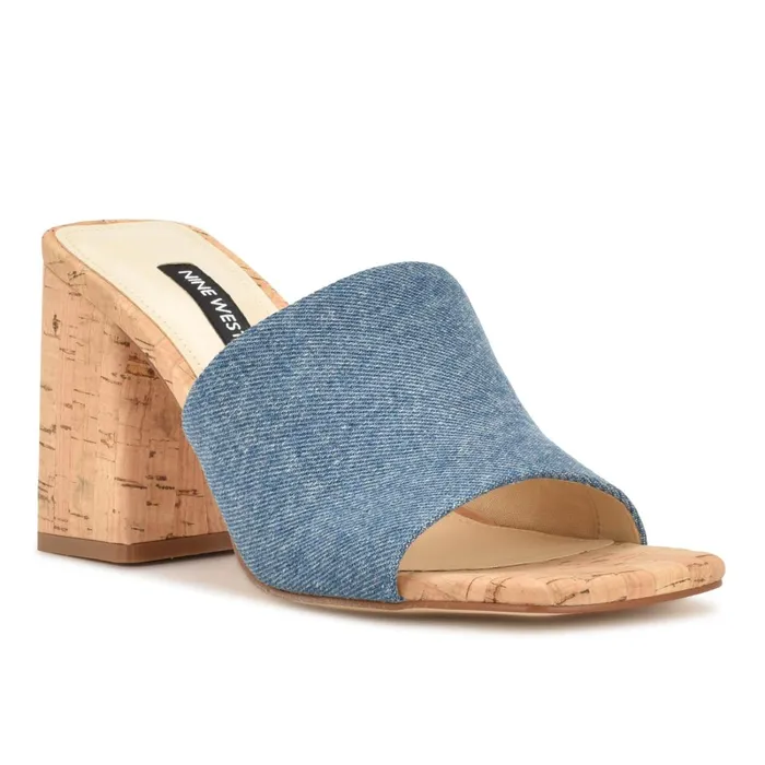 Teice Heeled Slide Sandals Blue Denim Women Nine West Dress