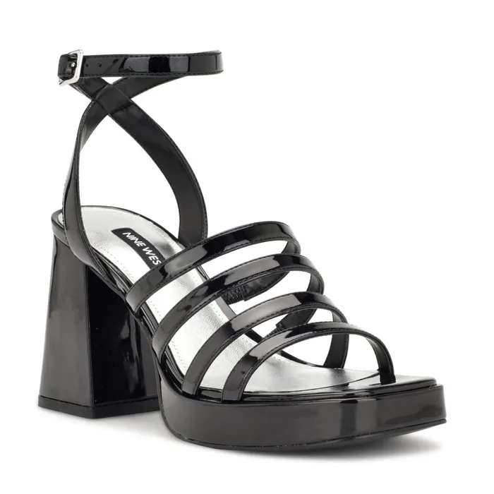 Teriss Strappy Platform Sandals Black Patent Women Nine West Mid Heels Teriss Strappy Platform Sandals Black Patent Women Nine West Mid Heels