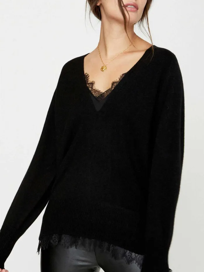 The Lace Vee Looker Pullover Black Onyx With Black Lace Women Brochu Walker Sweaters