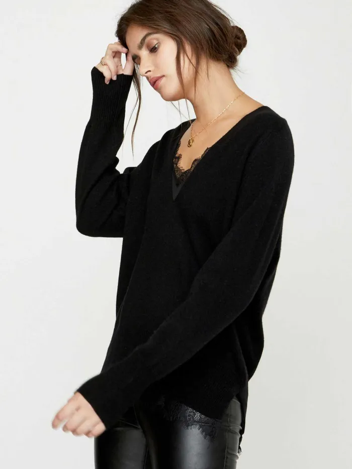 The Lace Vee Looker Pullover Black Onyx With Black Lace Women Brochu Walker Sweaters