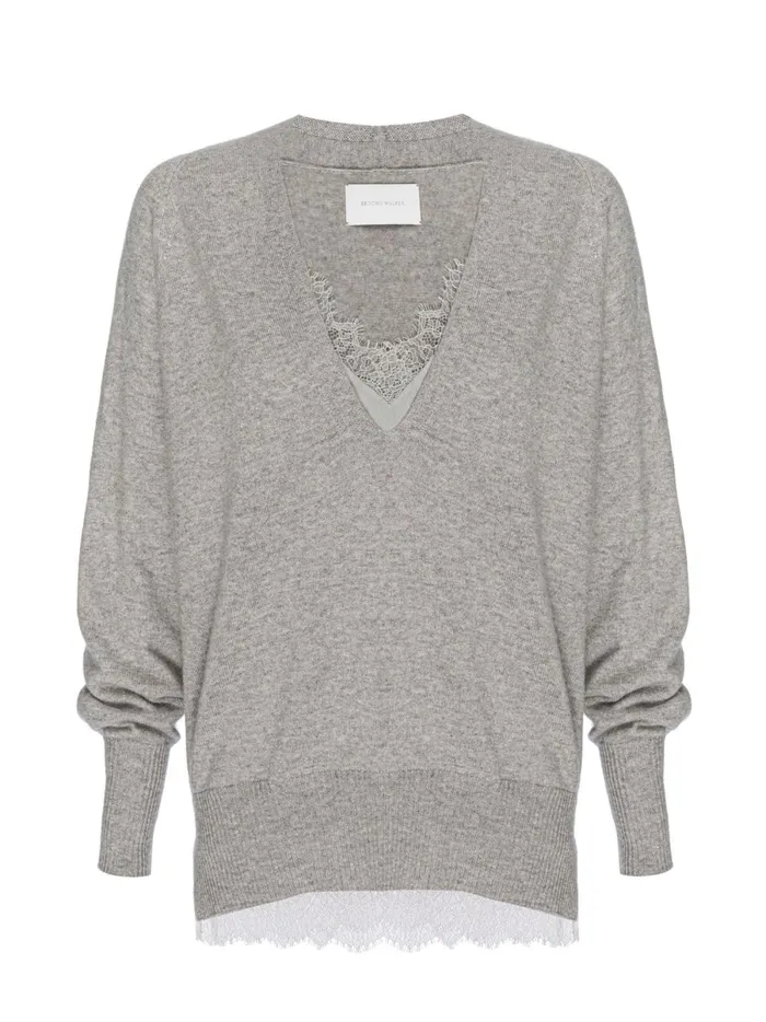 The Lace Vee Looker Pullover Light Chia Melange With Ivory Lace Women Brochu Walker Sweaters