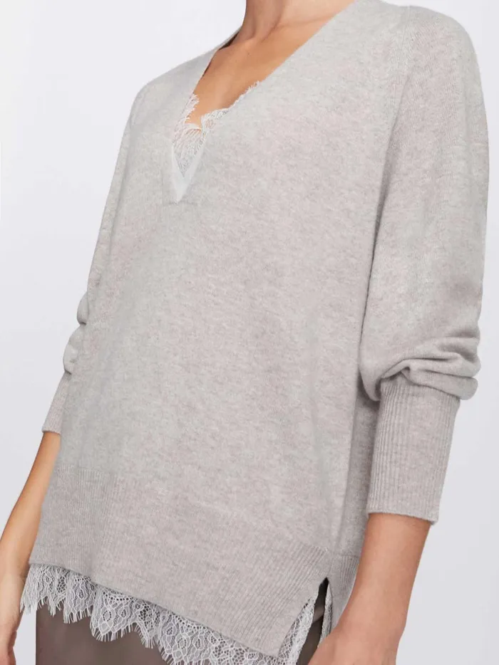 The Lace Vee Looker Pullover Light Chia Melange With Ivory Lace Women Brochu Walker Sweaters