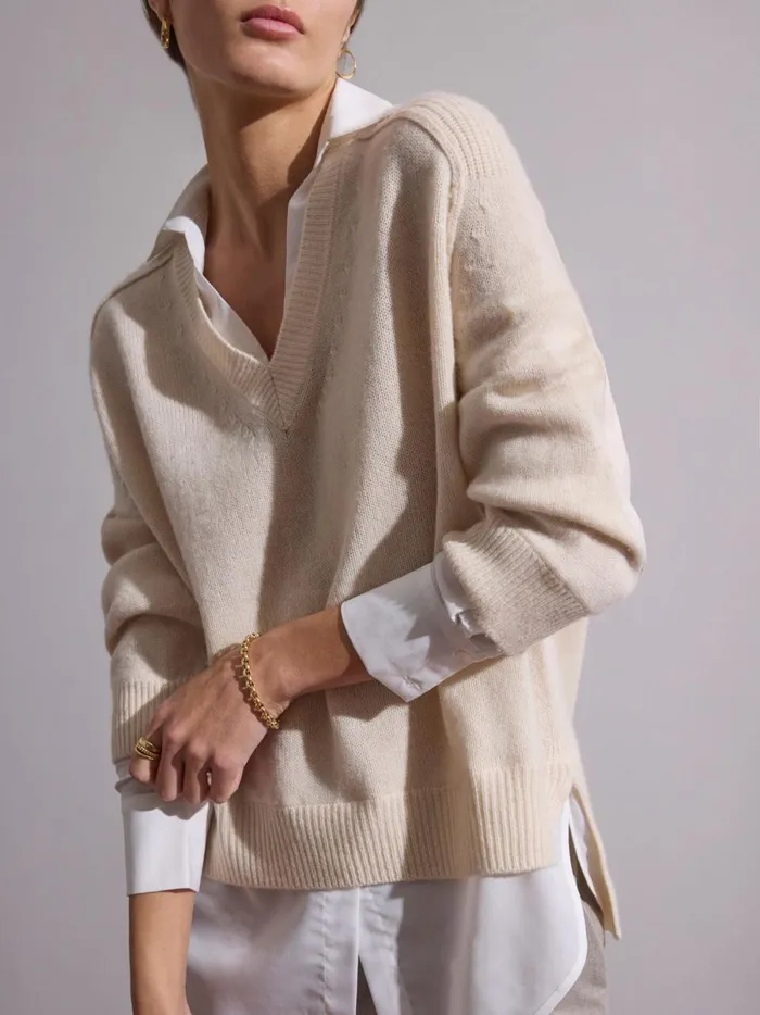 The Looker Layered VNeck Almond With White Underlayer Women Brochu Walker Sweaters