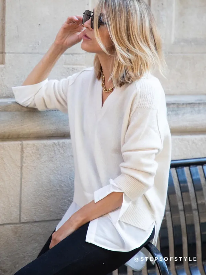 The Looker Layered VNeck Almond With White Underlayer Women Brochu Walker Sweaters