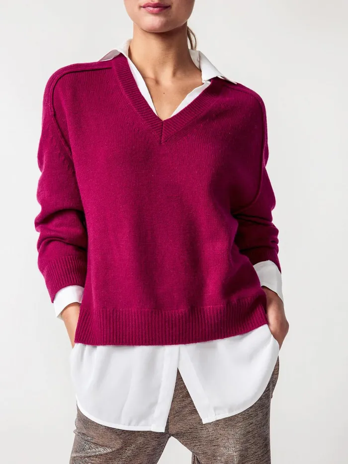 The Looker Layered VNeck Damson Red With White Underlayer Women Brochu Walker Sweaters