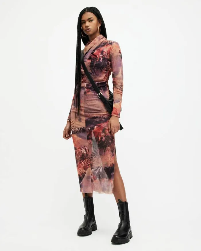 Tia Colca Mesh Printed Midi Dress Canyon Purple Women AllSaints Dresses