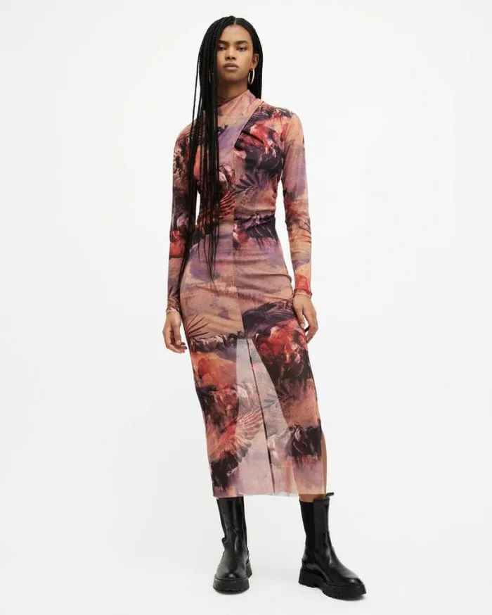 Tia Colca Mesh Printed Midi Dress Canyon Purple Women AllSaints Dresses
