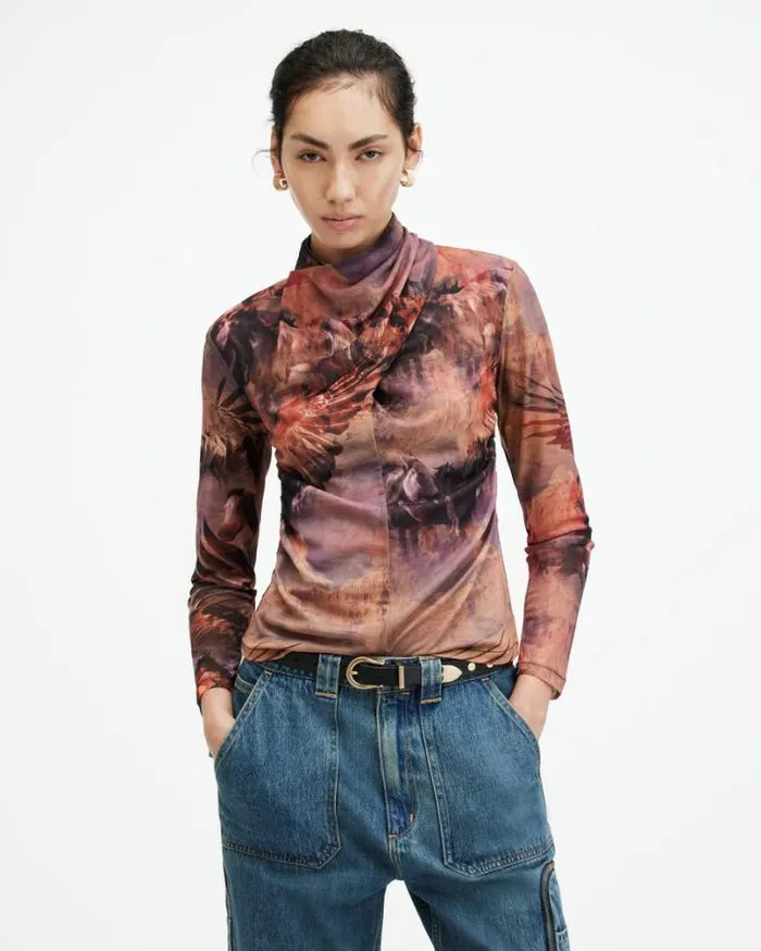 Tia High Neck Wrap Over Mesh Colca Top Canyon Purple Women AllSaints TShirts
