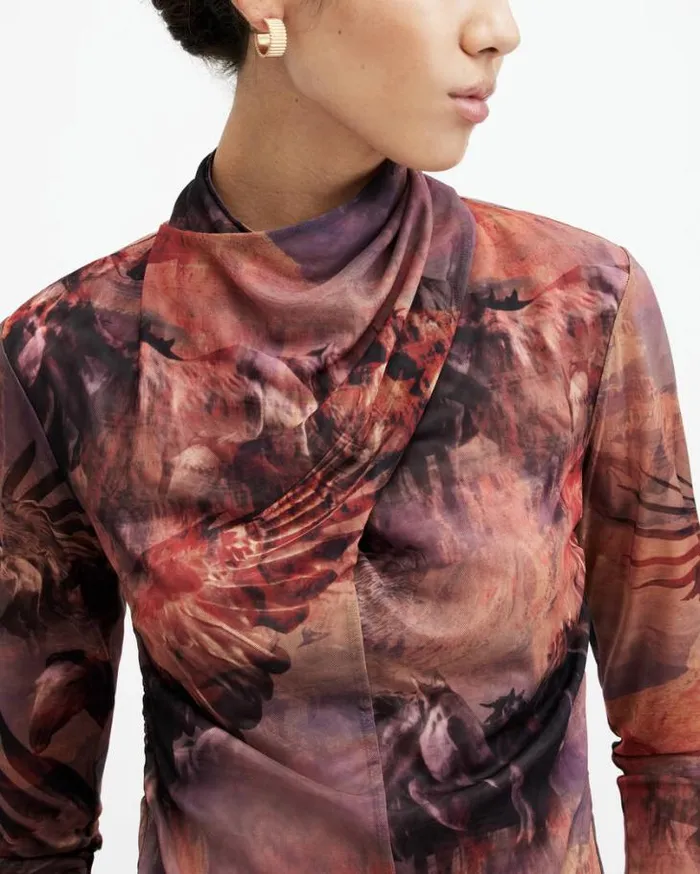Tia High Neck Wrap Over Mesh Colca Top Canyon Purple Women AllSaints TShirts