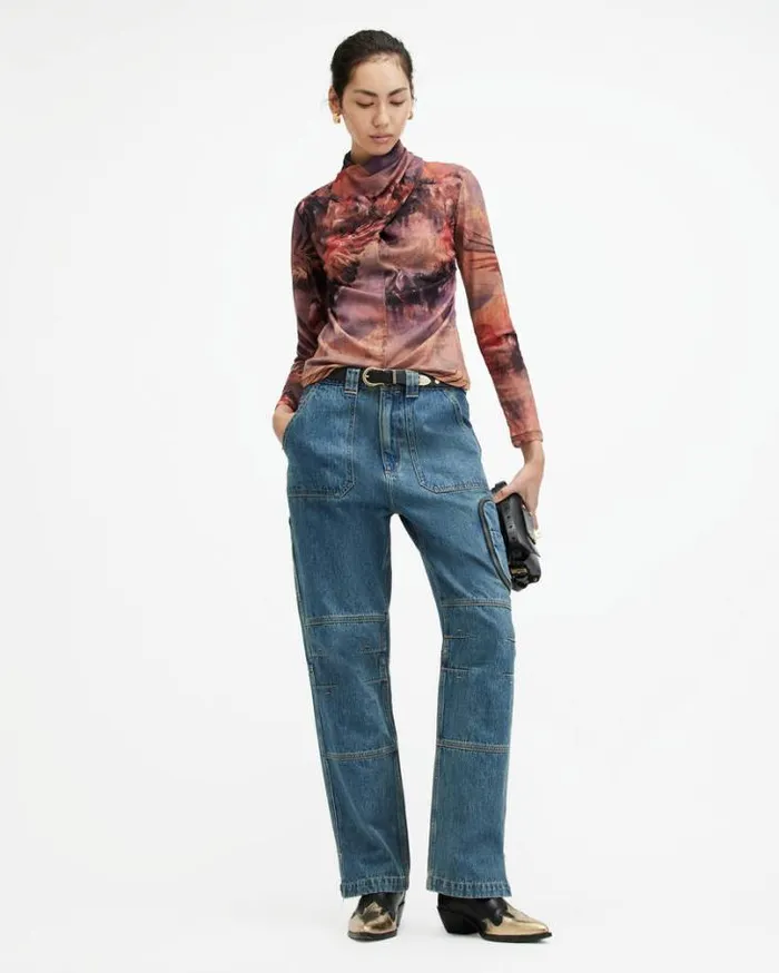 Tia High Neck Wrap Over Mesh Colca Top Canyon Purple Women AllSaints TShirts