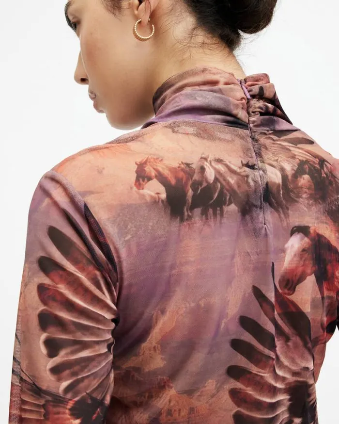 Tia High Neck Wrap Over Mesh Colca Top Canyon Purple Women AllSaints TShirts