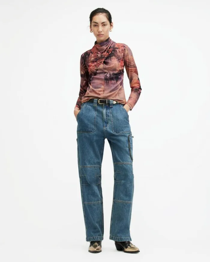 Tia High Neck Wrap Over Mesh Colca Top Canyon Purple Women AllSaints TShirts