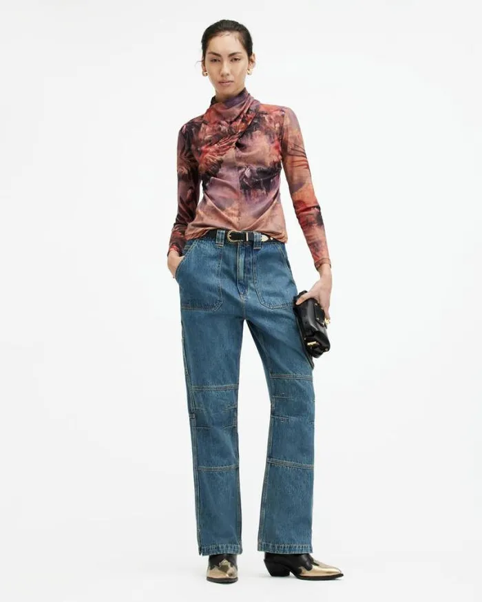 Tia High Neck Wrap Over Mesh Colca Top Canyon Purple Women AllSaints TShirts