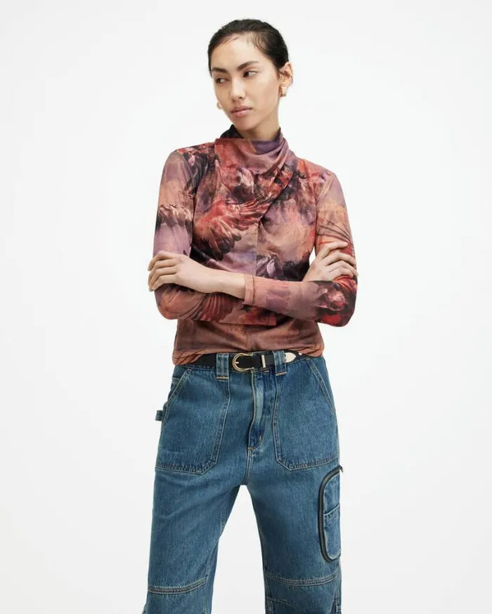 Tia High Neck Wrap Over Mesh Colca Top Canyon Purple Women AllSaints TShirts