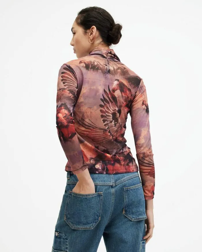 Tia High Neck Wrap Over Mesh Colca Top Canyon Purple Women AllSaints TShirts