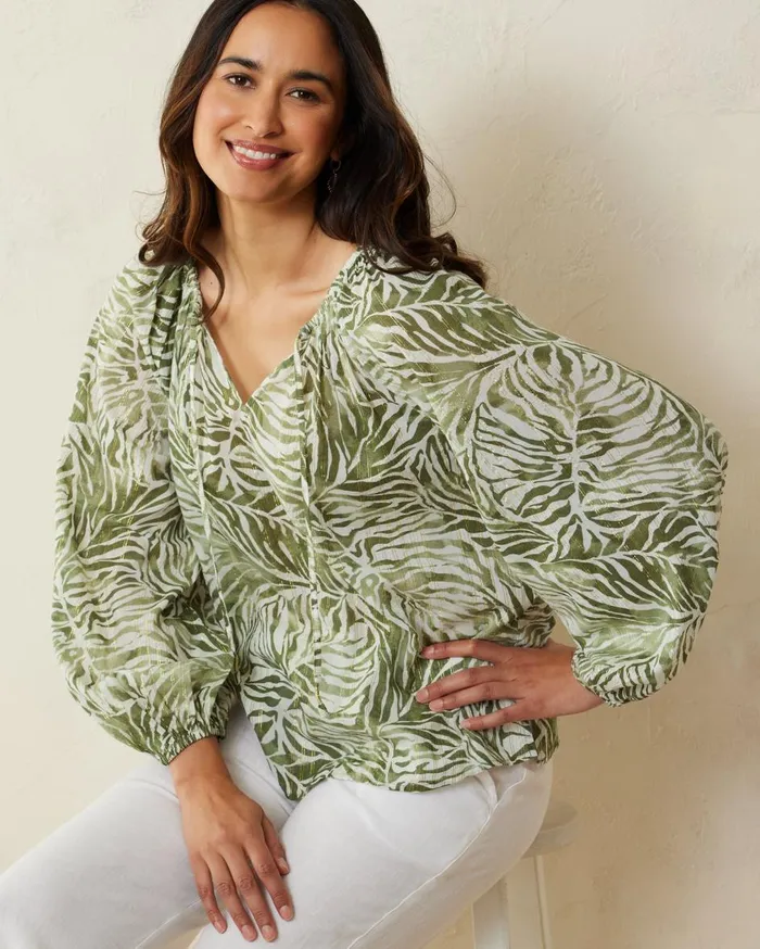 Tommy Bahama Agua Amara Monstera Mirage LongSleeve Peasant Top Tea Leaf Women Tops and Shirts Tommy Bahama Agua Amara Monstera Mirage LongSleeve Peasant Top Tea Leaf Women Tops and Shirts