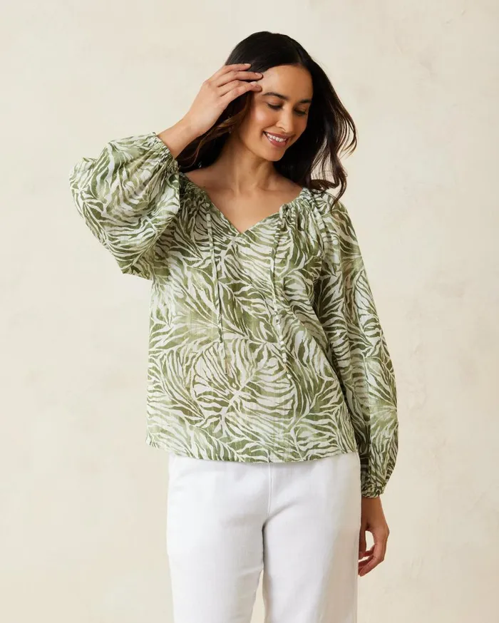 Tommy Bahama Agua Amara Monstera Mirage LongSleeve Peasant Top Tea Leaf Women Tops and Shirts Tommy Bahama Agua Amara Monstera Mirage LongSleeve Peasant Top Tea Leaf Women Tops and Shirts