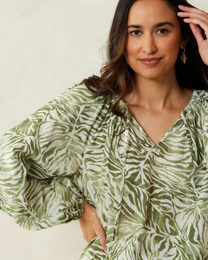 Tommy Bahama Agua Amara Monstera Mirage LongSleeve Peasant Top Tea Leaf Women Tops and Shirts Tommy Bahama Agua Amara Monstera Mirage LongSleeve Peasant Top Tea Leaf Women Tops and Shirts