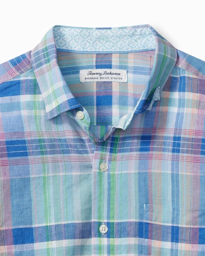 Tommy Bahama Barbados Breeze Villa Check StretchLinen Shirt Hummingbird Blue Men Shirts