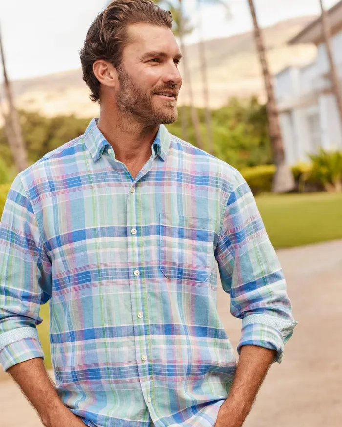 Tommy Bahama Barbados Breeze Villa Check StretchLinen Shirt Hummingbird Blue Men Shirts