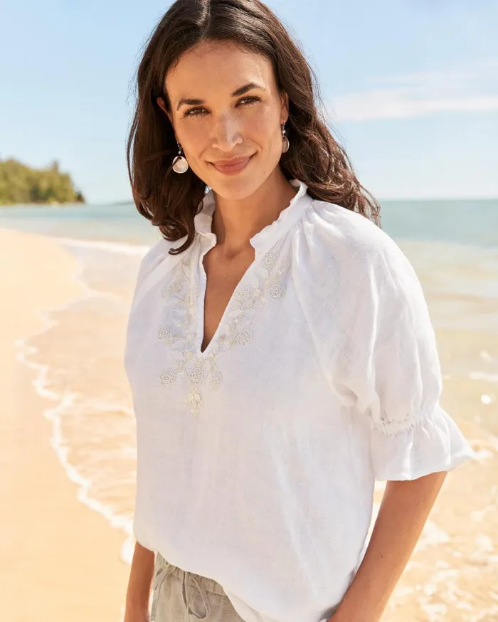 Tommy Bahama Coastalina Shell Embroidered ShortSleeve Linen Top White Women Tops and Shirts Tommy Bahama Coastalina Shell Embroidered ShortSleeve Linen Top White Women Tops and Shirts