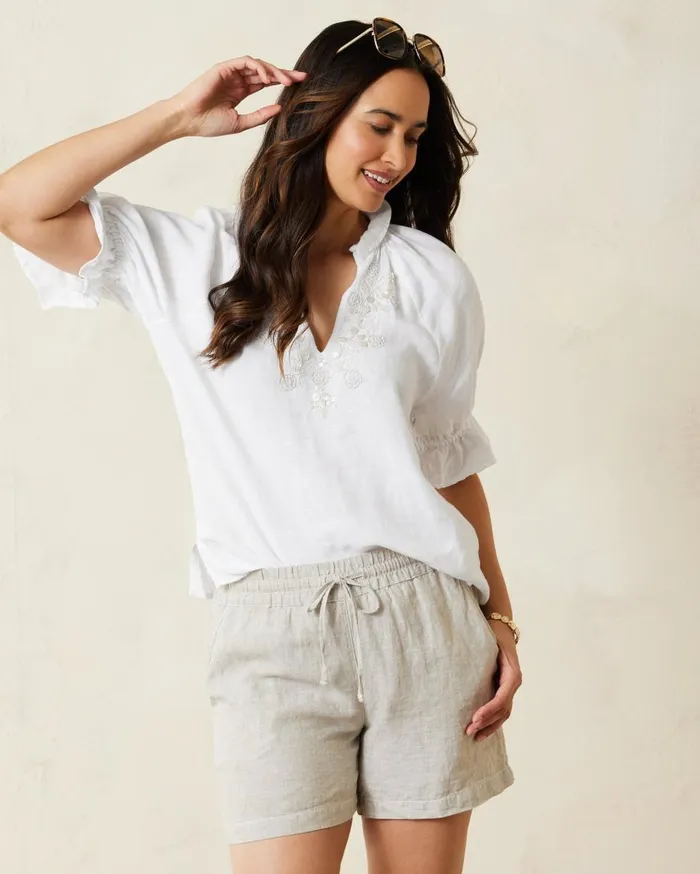 Tommy Bahama Coastalina Shell Embroidered ShortSleeve Linen Top White Women Tops and Shirts