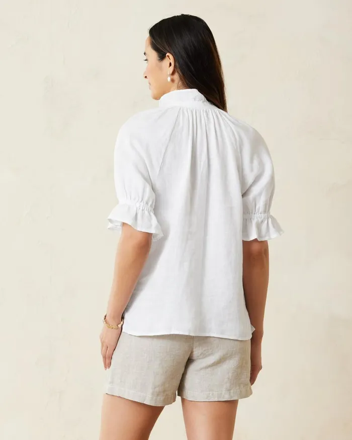 Tommy Bahama Coastalina Shell Embroidered ShortSleeve Linen Top White Women Tops and Shirts