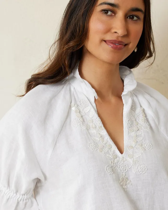 Tommy Bahama Coastalina Shell Embroidered ShortSleeve Linen Top White Women Tops and Shirts