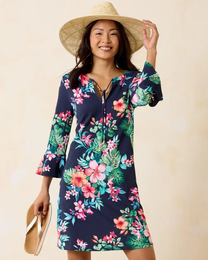 Tommy Bahama Island Cays Flora FlounceSleeve Coverup Dress Mare Navy Women Dresses