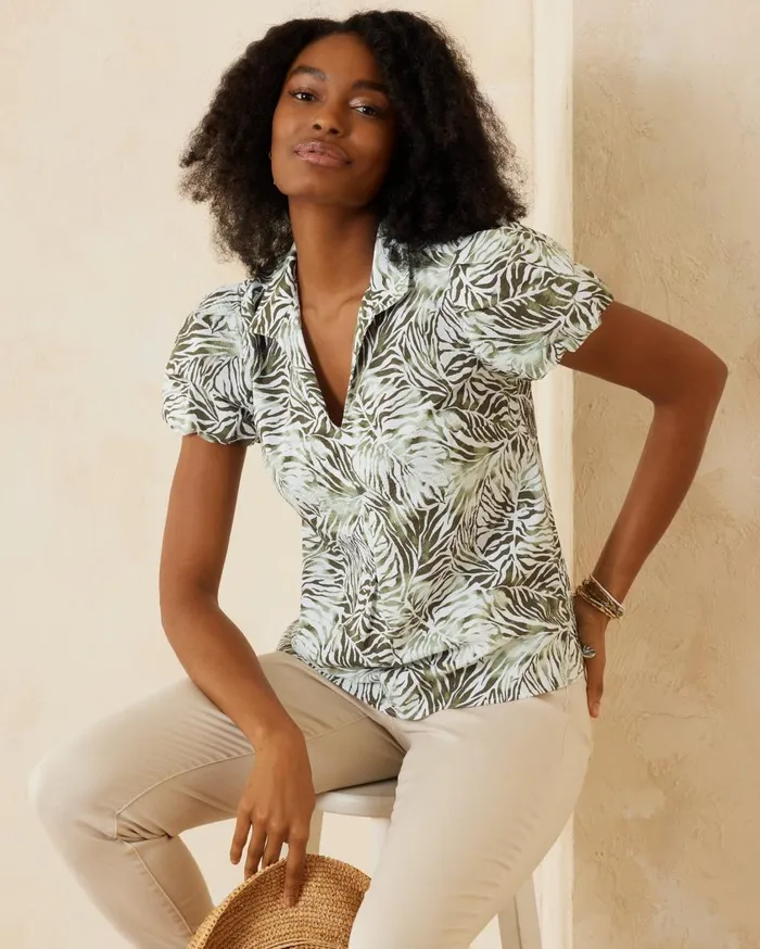 Tommy Bahama Nova Wave Monstera Mirage PuffSleeve Top Tea Leaf Women Tops and Shirts