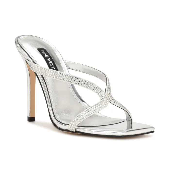 Twist Heeled Slide Sandals Silver Metallic Women Nine West High Heels Twist Heeled Slide Sandals Silver Metallic Women Nine West High Heels