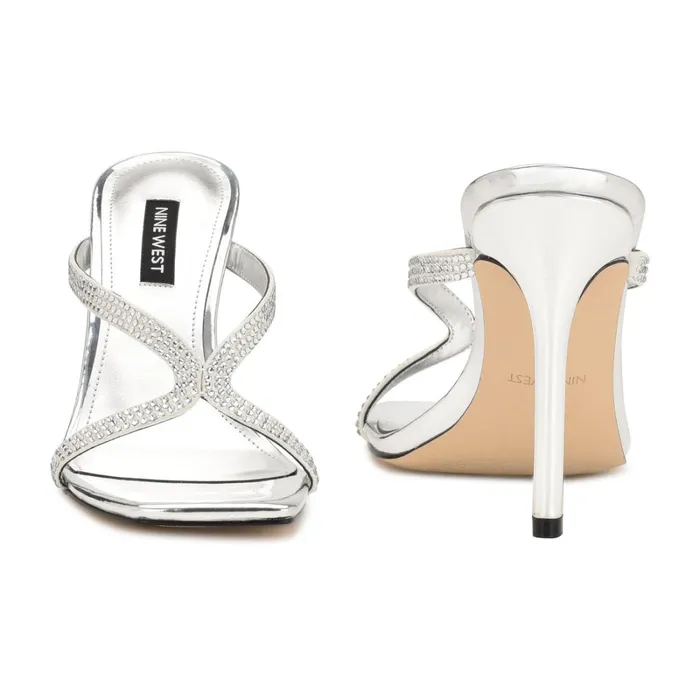 Twist Heeled Slide Sandals Silver Metallic Women Nine West High Heels Twist Heeled Slide Sandals Silver Metallic Women Nine West High Heels
