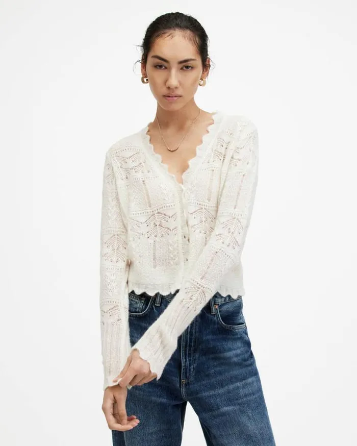 Vanessa Lace Scallop Edge Cardigan Chalk White Women AllSaints Sweaters