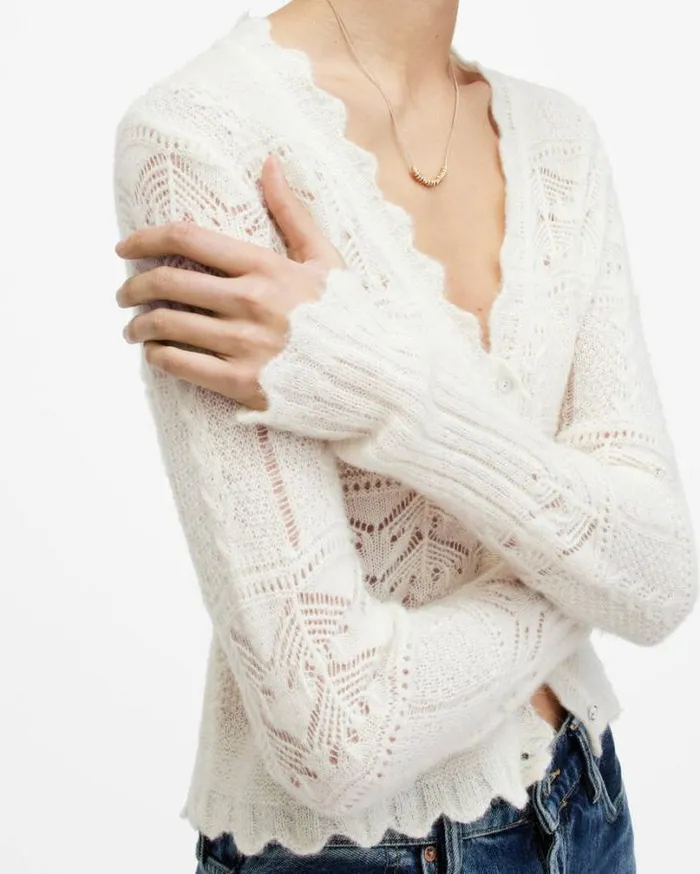 Vanessa Lace Scallop Edge Cardigan Chalk White Women AllSaints Sweaters