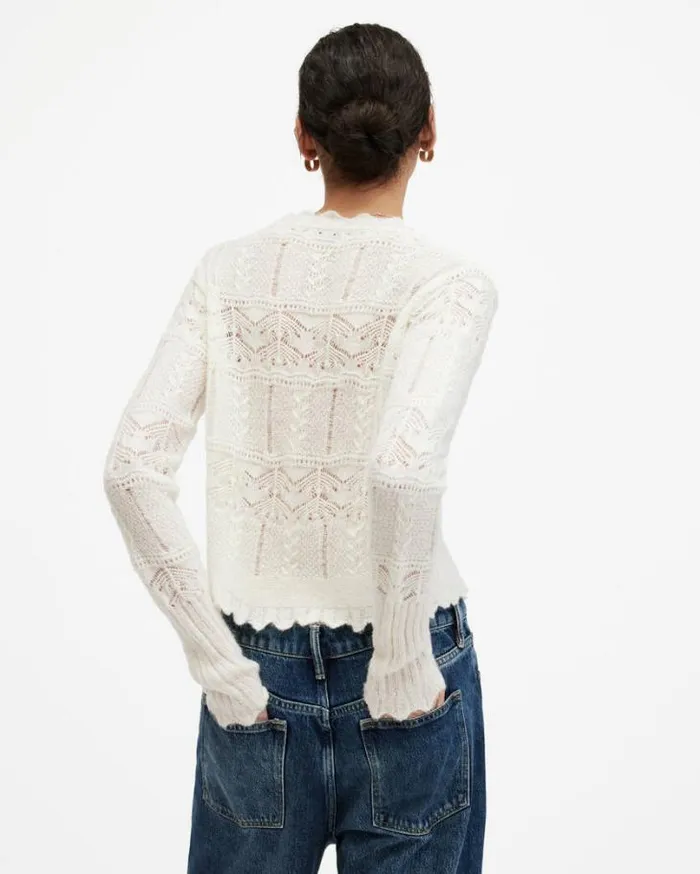 Vanessa Lace Scallop Edge Cardigan Chalk White Women AllSaints Sweaters
