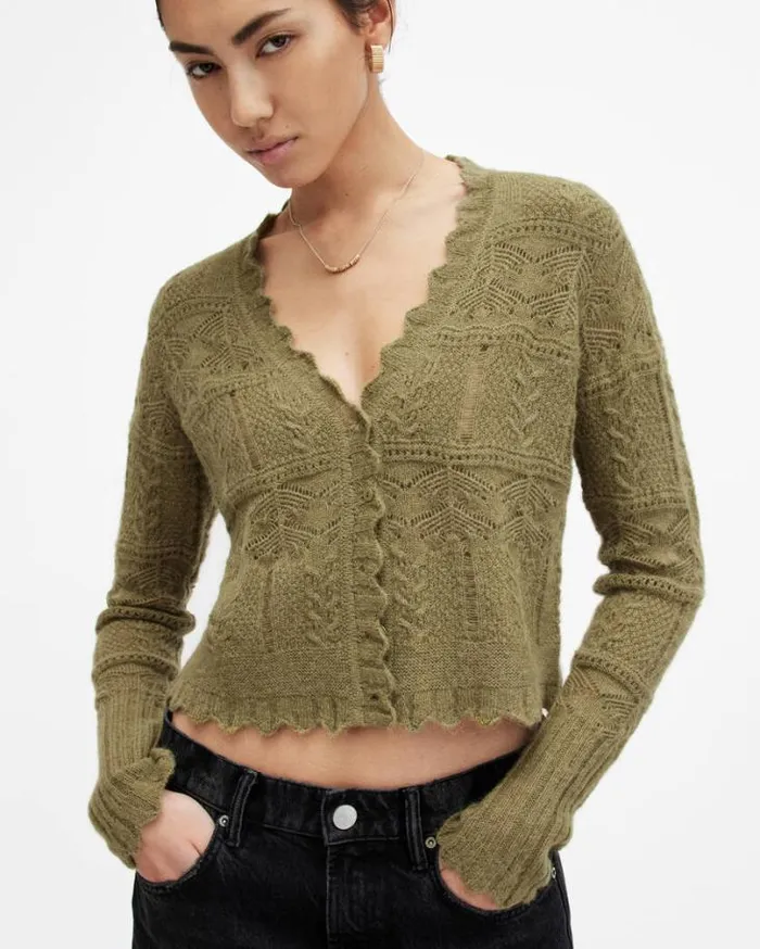 Vanessa Lace Stitched Cardigan Grass Green Women AllSaints Sweaters